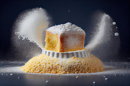 bright fresh cream sponge cake crumbs with confectionery sugar, created with generative aiの素材
