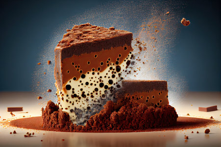 chocolate sponge cake crumbs in piece on light table, created with generative aiの素材