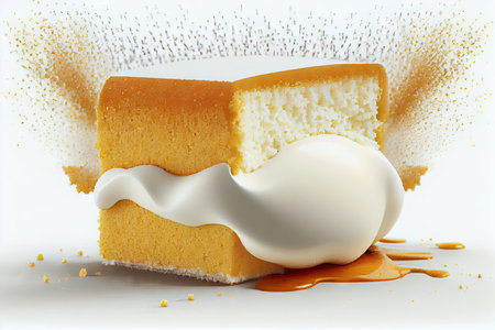 crumbs of sweet sponge cake with vanilla filling on white background, created with generative aiの素材