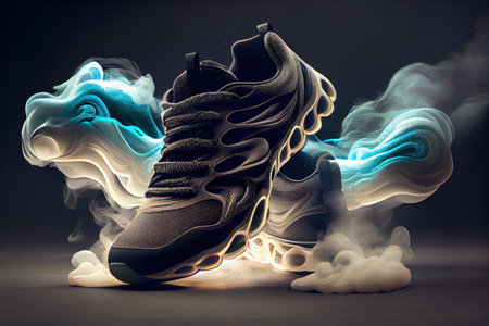 close-up of magical sport shoes, with smoke swirling around the toes, created with generative aiの素材