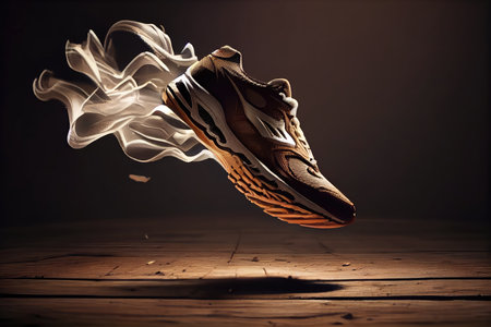 sport shoes hovering above wooden floor in slow motion, created with generative aiの素材