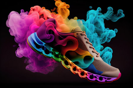 sport shoes with magical colourful smoke close up, details of the design visible, created with generative aiの素材