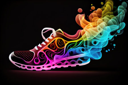 high-heeled sport shoe with magical smoke trail in the form of colorful hearts, created with generative aiの素材
