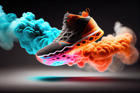 magic sport shoes floating in the air surrounded by magical smoke, created with generative aiの素材