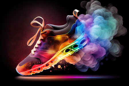 sport shoes in magical smoke, with rainbow of colours and stars shining through, created with generative aiの素材