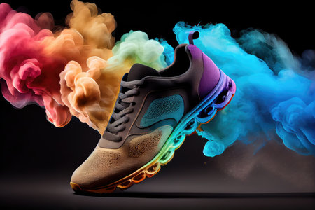 close-up of sport shoes with magical colourful smoke coming from the sole, creating a magical atmosphere, created with generative aiの素材