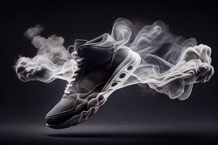 sport shoes flying through the air, with magical smoke trails behind them, created with generative aiの素材