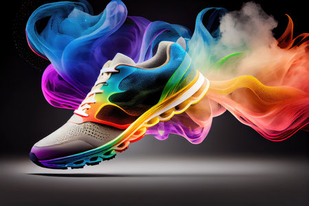 sport shoes flying through magical mist, with rainbow streaks visible, created with generative aiの素材