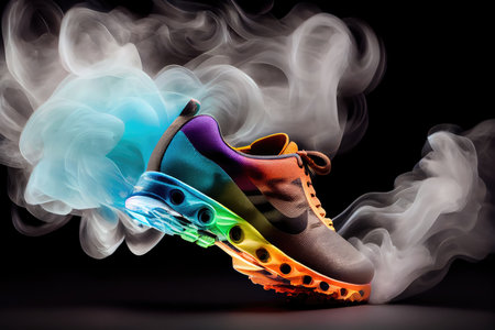 close-up of sport shoe with magical colourful smoke, with focus on the smoke rising from the sole, created with generative aiの素材