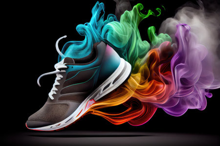 sport shoe with magical colourful smoke flying through black and white background, created with generative aiの素材