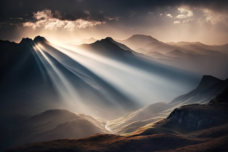 mountains in mist and sun rays on spring day, created with generative aiの素材