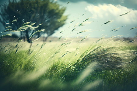 wind blowing through grassy meadow on blurred spring day, created with generative aiの素材