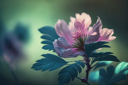 beautiful pink flower with blue leaves on blurry green background spring day, created with generative aiの素材
