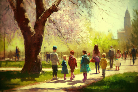 small children in park on bright spring day, created with generative aiの素材