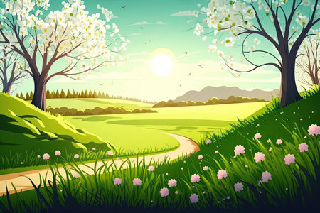 spring day sunny landscape with green grass and flowers in clearing, created with generative aiの素材