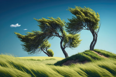 windy meadow with trees and grass against backdrop of clear sky spring day, created with generative aiの素材