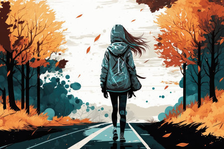 girl in windbreaker walking on road autumn winter background digital illustration, created with generative aiの素材