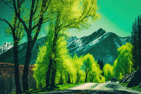 bright green trees on road against backdrop of mountains in sunshine during spring day, created with generative aiの素材