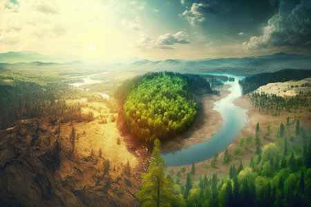 global warming and environmental pollution landscape in forest from top of hill spring day, created with generative aiの素材