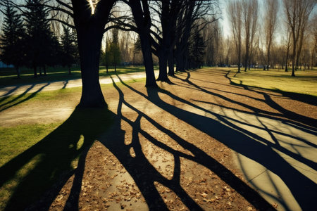 long shadows of trees on ground in park on spring day, created with generative aiの素材