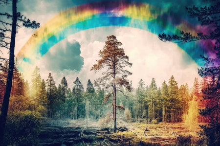 bright rainbow landscape with trees in misty forest on spring day, created with generative aiの素材