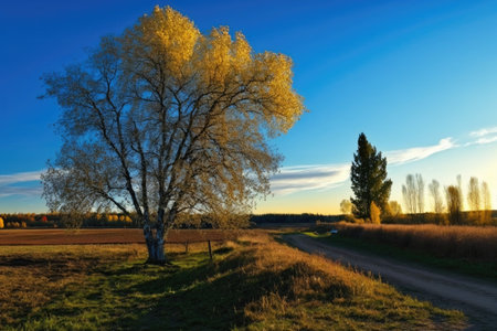 beautiful evening landscape with trees and blue sky in autumn on sunny spring day, created with generative aiの素材