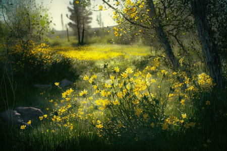 sunlit meadow with yellow petals of flowers on spring day, created with generative aiの素材
