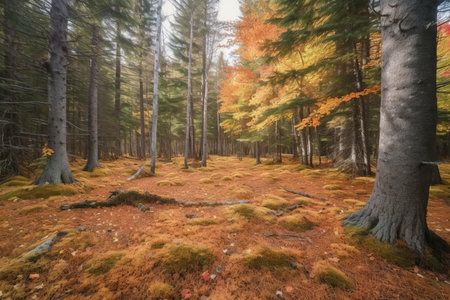 spruce forest with fall foliage and colorful leaves on the ground, created with generative aiの素材