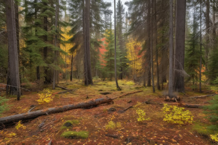 spruce forest with fall foliage and colorful leaves on the ground, created with generative aiの素材