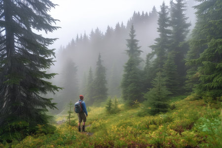 hiker, surrounded by spruce forest, on a misty morning, created with generative aiの素材