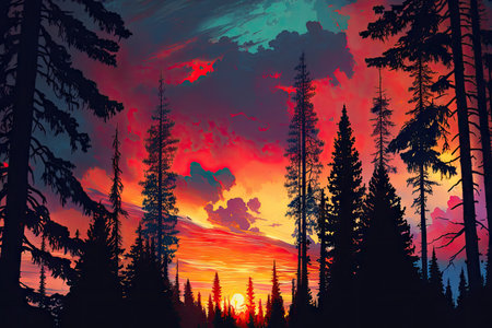 spruce forest at sunset, with vibrant colors and dramatic sky, created with generative aiの素材