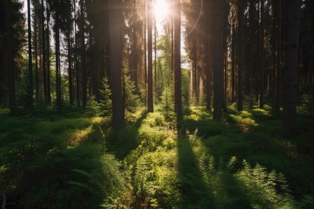 summer sun shining through the spruce forest, warming the trees and plants, created with generative aiの素材