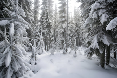 spruce forest during winter, blanketed in snow, created with generative aiの素材