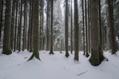 spruce forest during the winter season, with snow covering the ground and trees, created with generative aiの素材