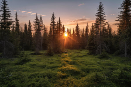 spruce forest at dusk, with the sun setting over the horizon, created with generative ai