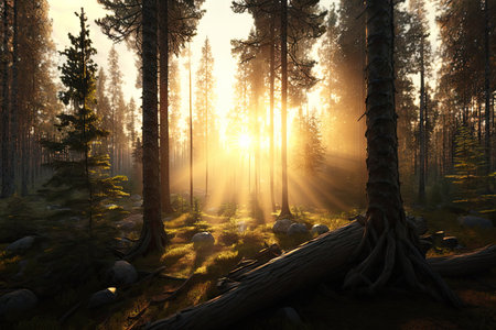 spruce forest at sunrise, with the sun shining through the trees, created with generative aiの素材