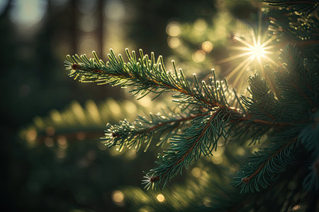 close-up of spruce tree needles, with sunlight shining through, created with generative aiの素材