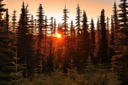 spruce forest at sunrise, with warm colors lighting up the sky, created with generative aiの素材