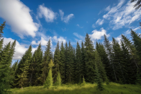 spruce forest with clear blue sky and fluffy clouds in the background, created with generative ai