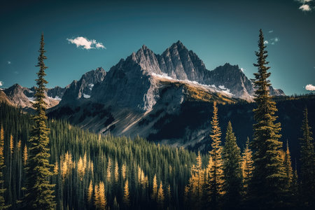 spruce forest towering over a mountain range, created with generative aiの素材
