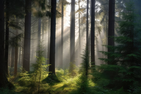 spruce forest, with misty morning light filtering through the trees, created with generative aiの素材