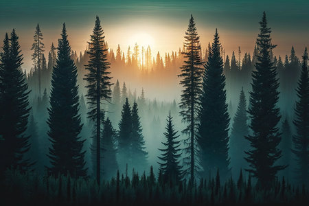 spruce forest with misty morning sunrise, providing a magical and mystical atmosphere, created with generative aiの素材