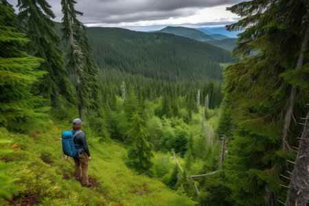 hiker climbing overgrown spruce forest trail, with view of the valley below, created with generative aiの素材