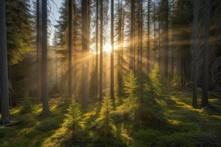 sunrise over spruce forest, with rays of golden light shining through the trees, created with generative aiの素材