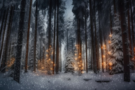 spruce forest during magical winter wonderland, with snow and holiday lights, created with generative aiの素材