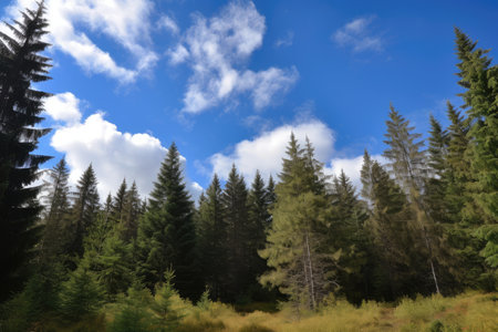 spruce forest, with clear blue sky and fluffy clouds above, created with generative aiの素材
