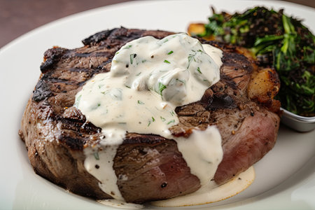 signature cut of steak, grilled to perfection and topped with creamy horseradish sauce, created with generative aiの素材