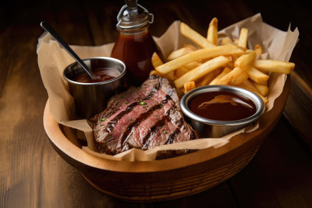 basket of freshly cut fries and steak sauce ready to be devoured, created with generative aiの素材
