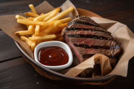 basket of freshly cut fries and steak sauce ready to be devoured, created with generative aiの素材