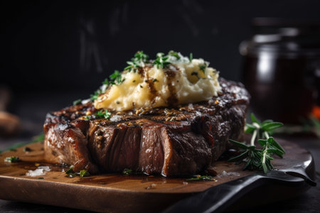heap of mashed potatoes topped with juicy, grilled steak, created with generative aiの素材